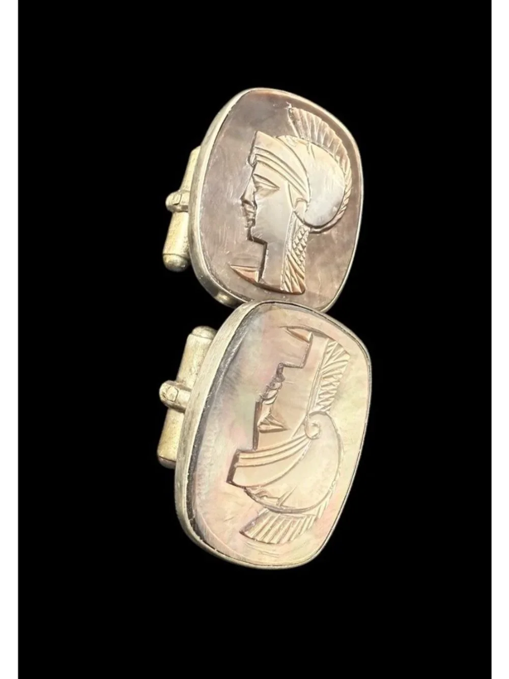 Vintage 900 Silver Hand Carved Abalone MOP Roman Soldier Cufflinks Oval